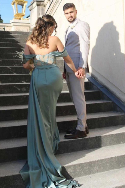 Off-the-Shoulder Stretch-Satin Evening Dress with One Side Slit