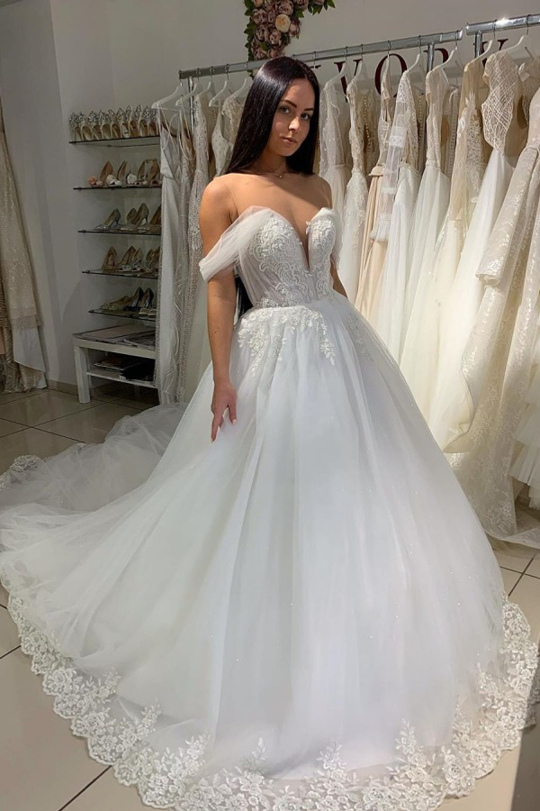 Off-the-Shoulder White Sweetheart A-Line Wedding Dress Tulle Lace Bridal Gown