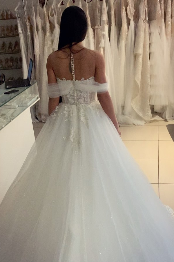 Off-the-Shoulder White Sweetheart A-Line Wedding Dress Tulle Lace Bridal Gown