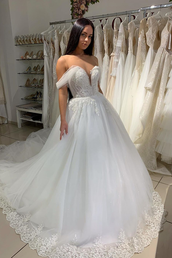 Off-the-Shoulder White Sweetheart A-Line Wedding Dress Tulle Lace Bridal Gown