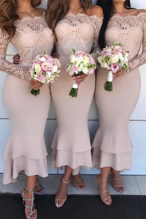 Off-The-Shoulder Long Sleeves Mermaid Lace Bridesmaid Dresses