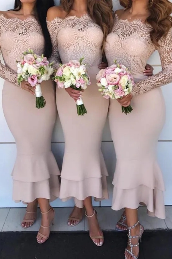 Off-The-Shoulder Long Sleeves Mermaid Lace Bridesmaid Dresses
