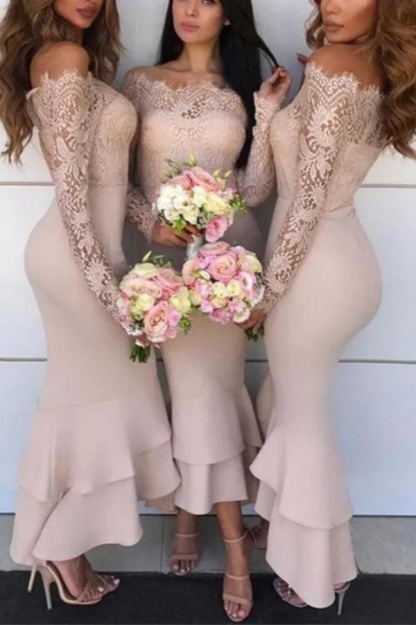 Off-The-Shoulder Long Sleeves Mermaid Lace Bridesmaid Dresses