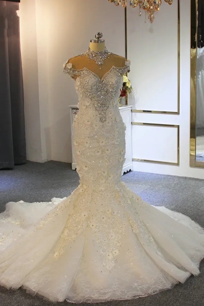 Off the shoulder sweetheart gems luxury flowers wedding dress