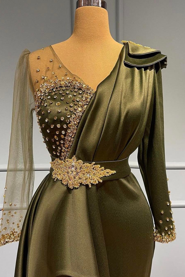 Olive Green Long Glitter Evening Dresses with Sleeves