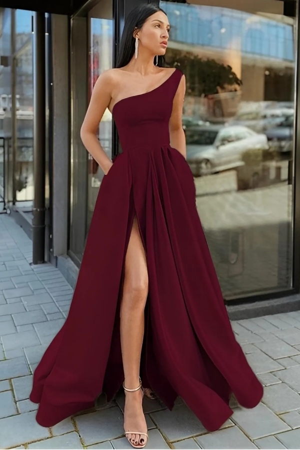 One-Shoulder A-Line Satin Bridesmaid Dress Floor Length Party Wear Dress with Pocket