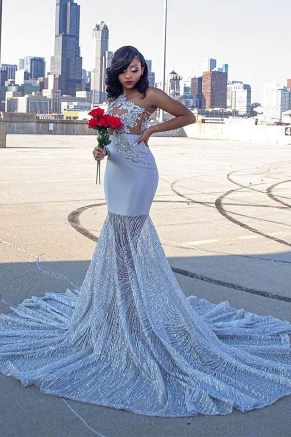 One Shoulder Appliques Slim Mermaid Evening Dress with Sweep Train