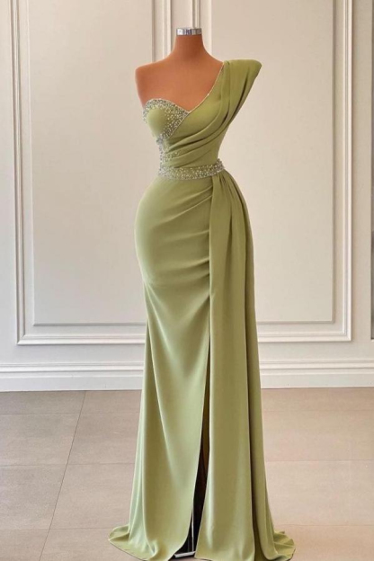 One Shoulder Long Beaded Evening Dress Side Slit Ball Gown with Cape