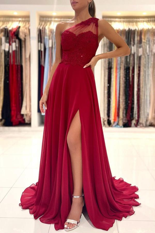 One-Shoulder Red Formal Dress Floor-Length Sleeveless Prom Dress with Front Slit