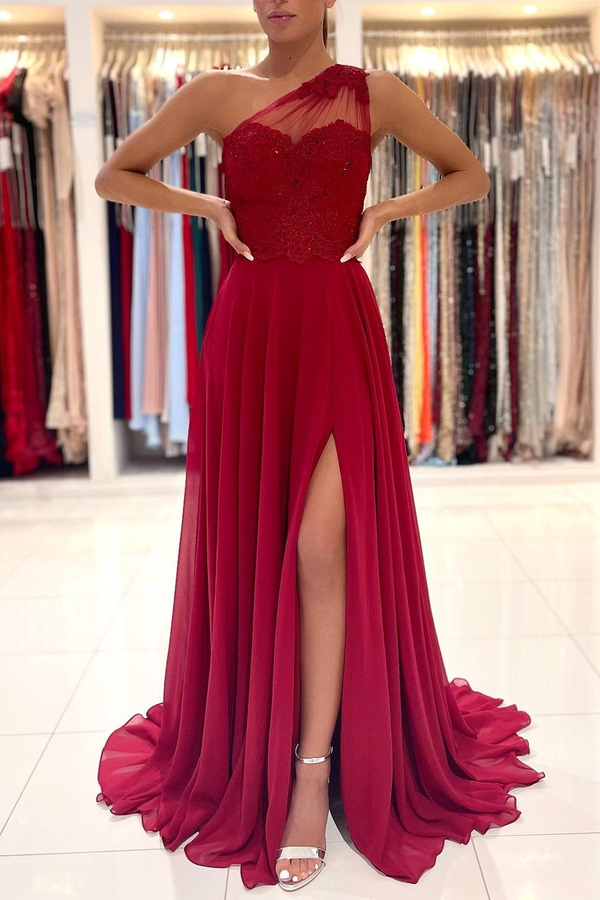 One-Shoulder Red Formal Dress Floor-Length Sleeveless Prom Dress with Front Slit