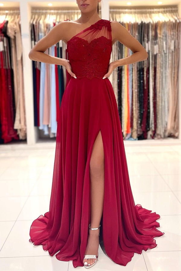 One-Shoulder Red Formal Dress Floor-Length Sleeveless Prom Dress with Front Slit