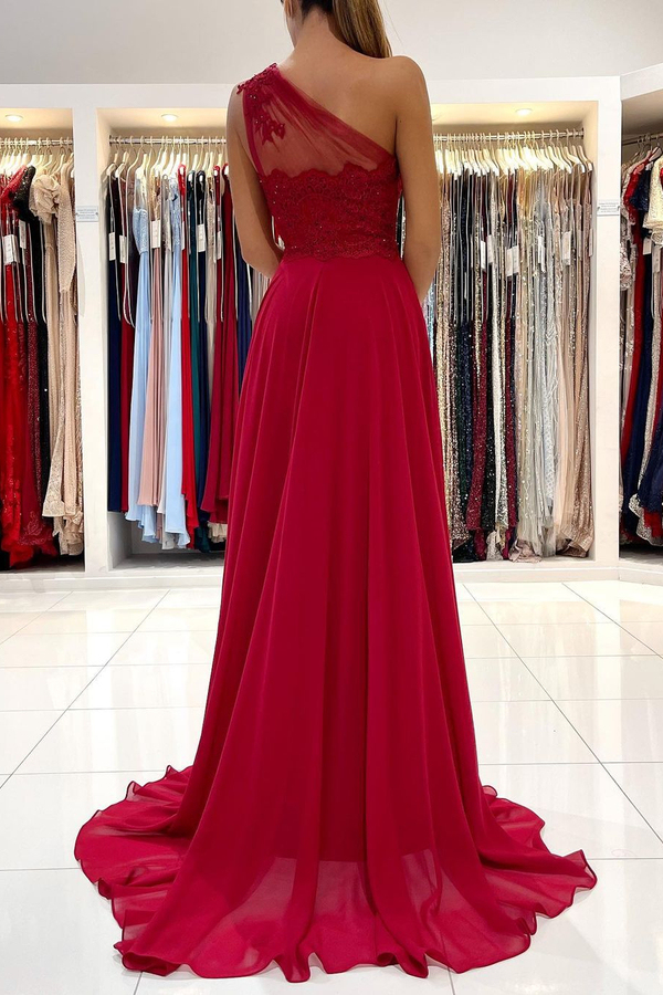 One-Shoulder Red Formal Dress Floor-Length Sleeveless Prom Dress with Front Slit