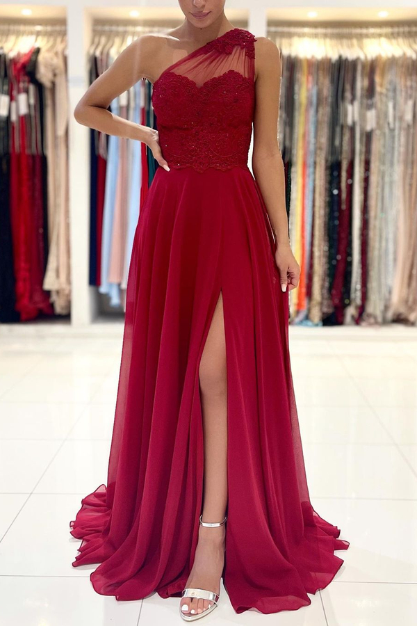 One-Shoulder Red Formal Dress Floor-Length Sleeveless Prom Dress with Front Slit