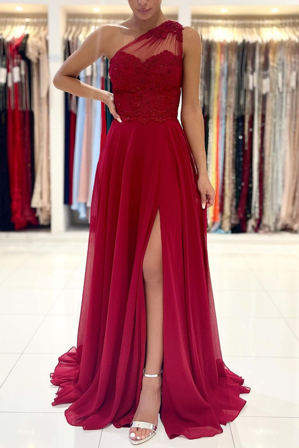 One-Shoulder Red Formal Dress Floor-Length Sleeveless Prom Dress with Front Slit