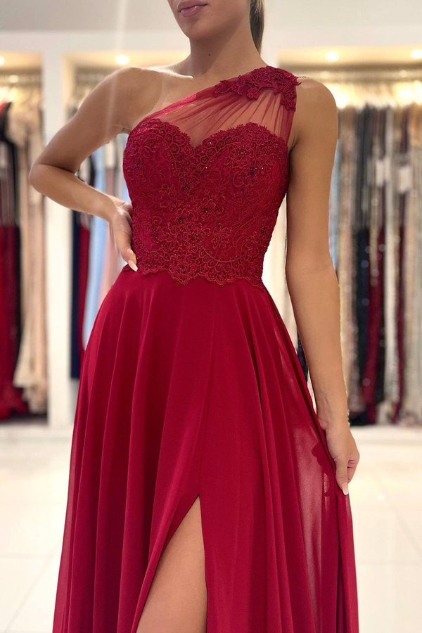 One-Shoulder Red Formal Dress Floor-Length Sleeveless Prom Dress with Front Slit