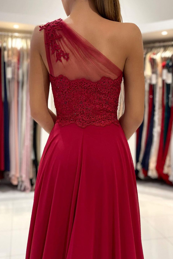 One-Shoulder Red Formal Dress Floor-Length Sleeveless Prom Dress with Front Slit