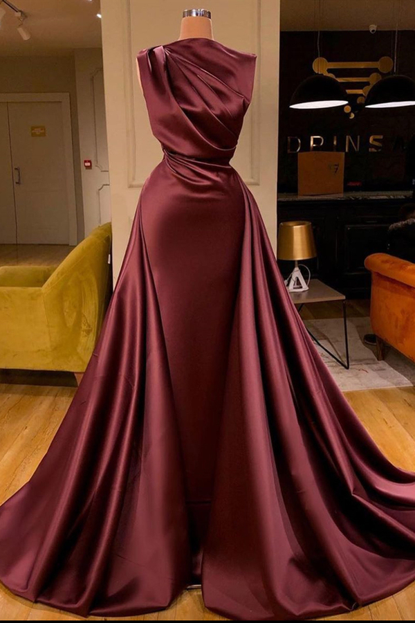 One Shoulder Ruched Satin Evening Party Gown with Detachable Train