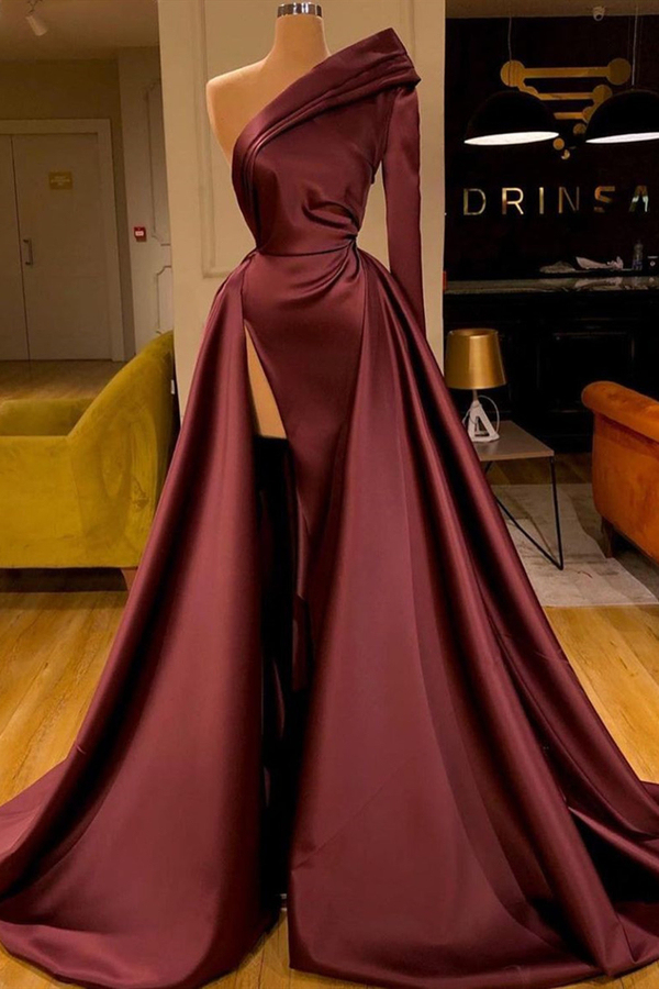 One Shoulder Ruched Satin Evening Party Gown with Detachable Train
