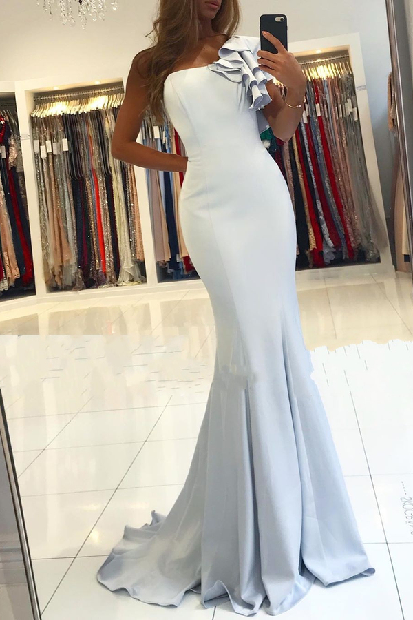 One-Shoulder Ruffle Light Blue Mermaid Long Evening Dress