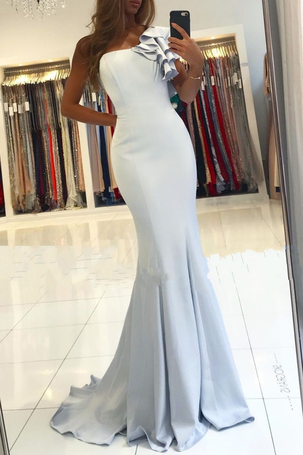 One-Shoulder Ruffle Light Blue Mermaid Long Evening Dress