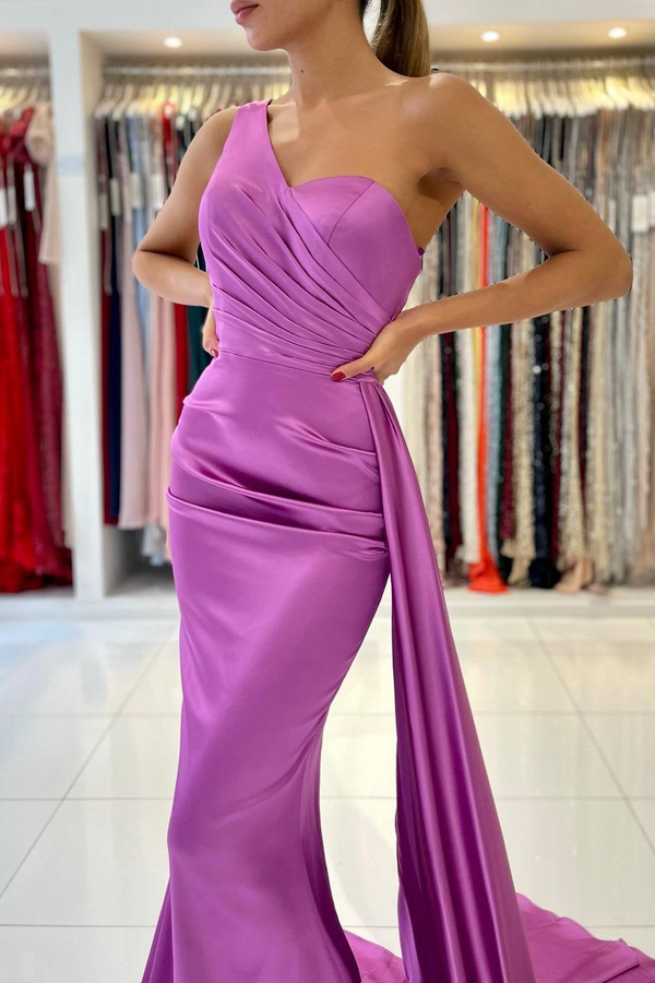 One Shoulder Satin Mermaid Evening Dress with Sweep Train