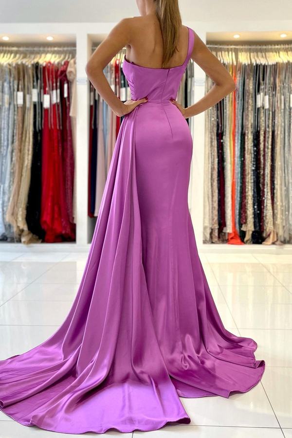 One Shoulder Satin Mermaid Evening Dress with Sweep Train