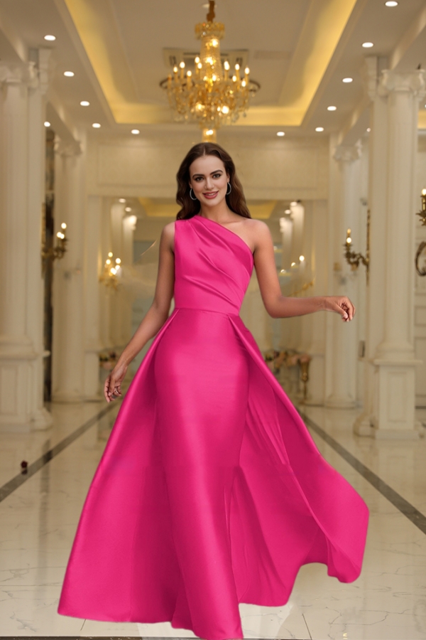 One Shoulder Satin Ruched A-Line Prom Dress Long Evening Gown