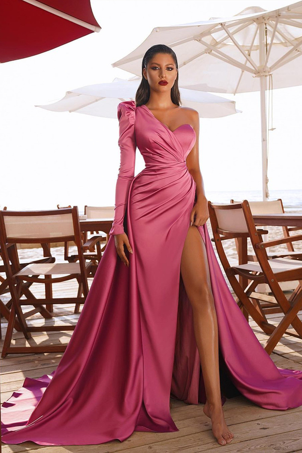 One Shoulder Satin Side Split Evening Maxi Gown with Sweep Train