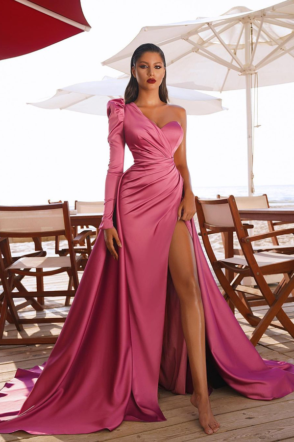 One Shoulder Satin Side Split Evening Maxi Gown with Sweep Train