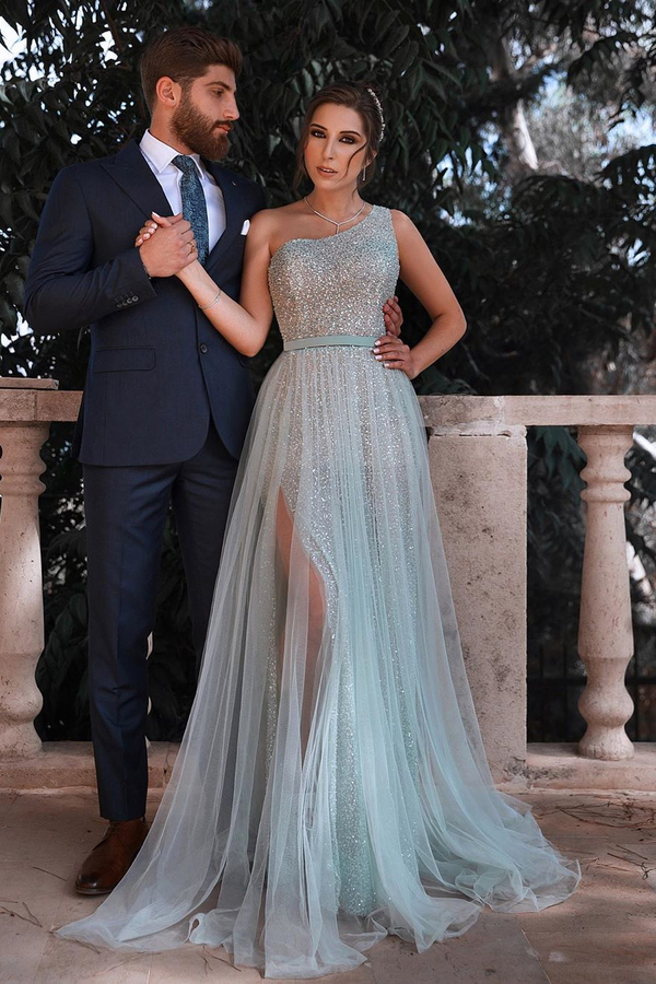 One-Shoulder Shining Belt Mint Green Tulle Beaded Prom Dress
