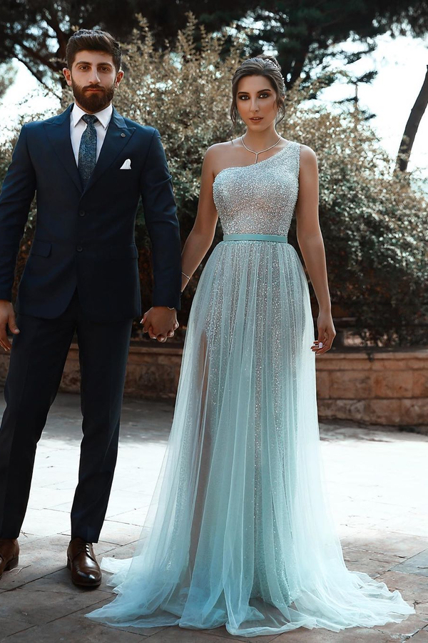 One-Shoulder Shining Belt Mint Green Tulle Beaded Prom Dress