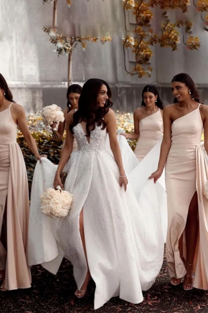 One-Shoulder Sleeveless Jersey Bridesmaid Dresses Front Split with Sweep Train