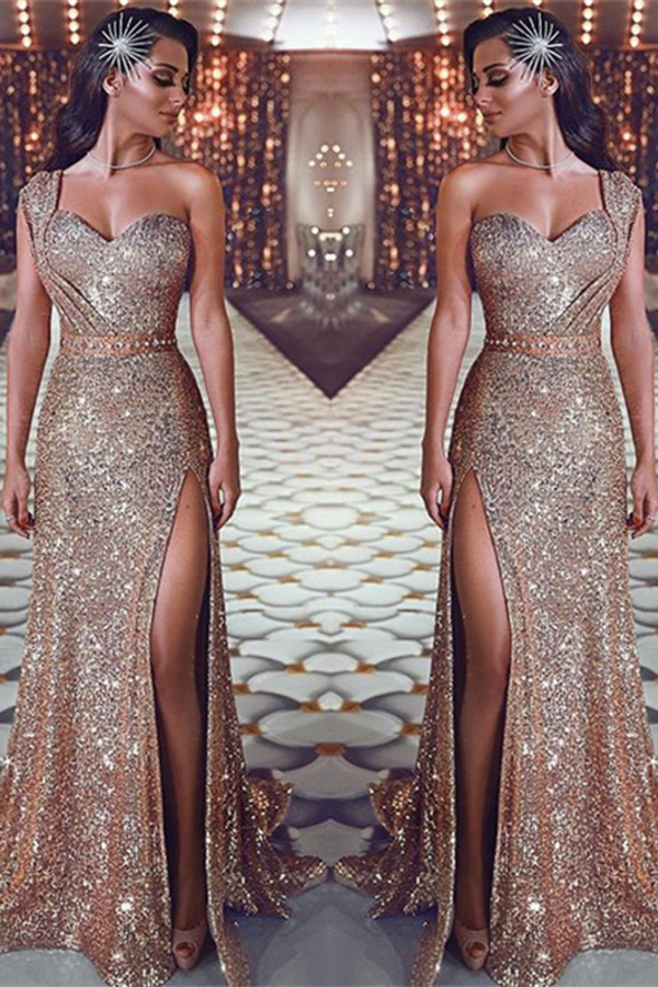 One-Shoulder Split Gold Sequin Evening Dress Sexy Sleeveless Prom Dress
