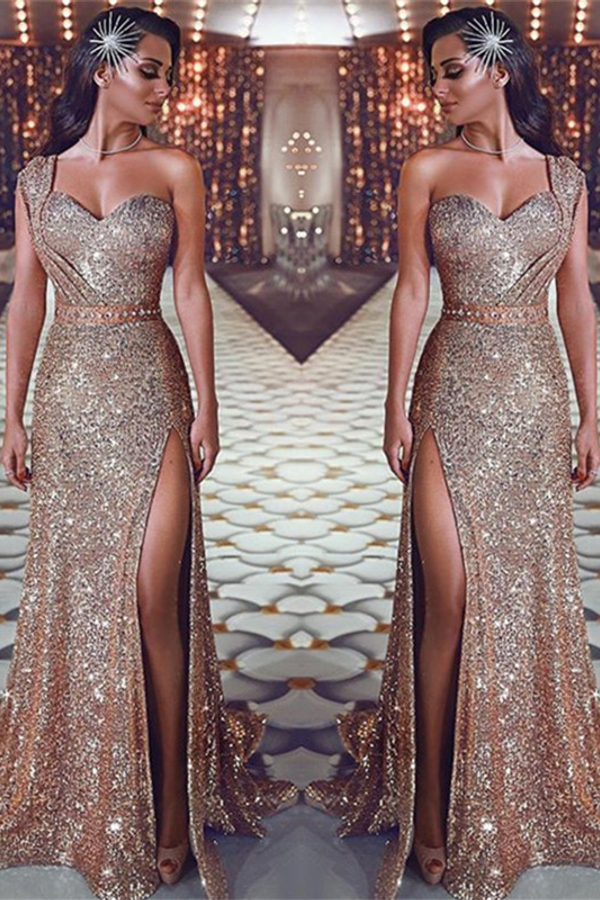 One-Shoulder Split Gold Sequin Evening Dress Sexy Sleeveless Prom Dress