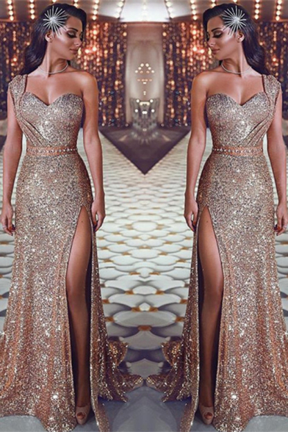 One-Shoulder Split Gold Sequin Evening Dress Sexy Sleeveless Prom Dress