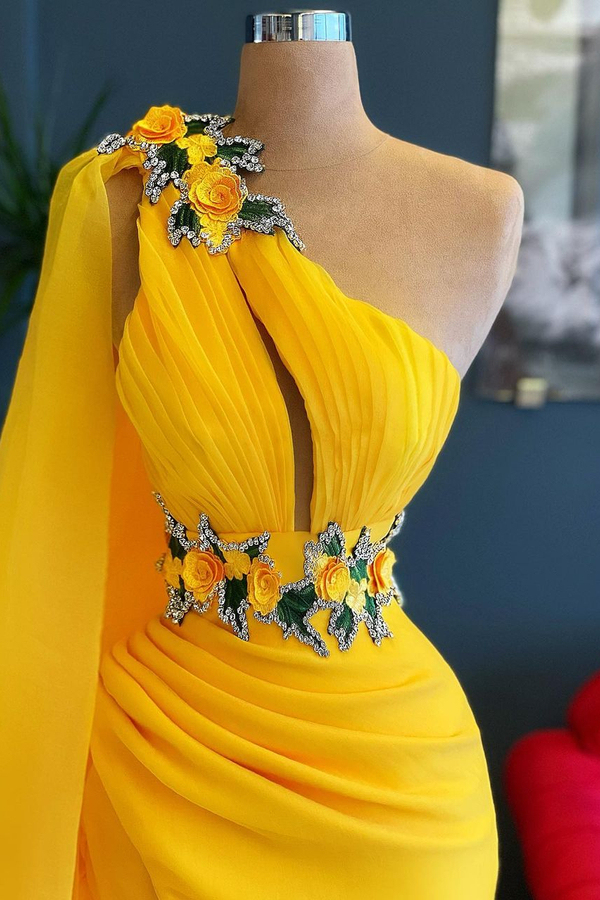 One Shoulder Yellow Ruffle Floral Appliques Beads Mermaid Evening Gown with Cape