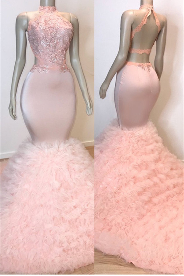 Open Back Ruffled Tulle Mermaid Prom Dress Beads Lace Appliques Pink Sexy Evening Gowns