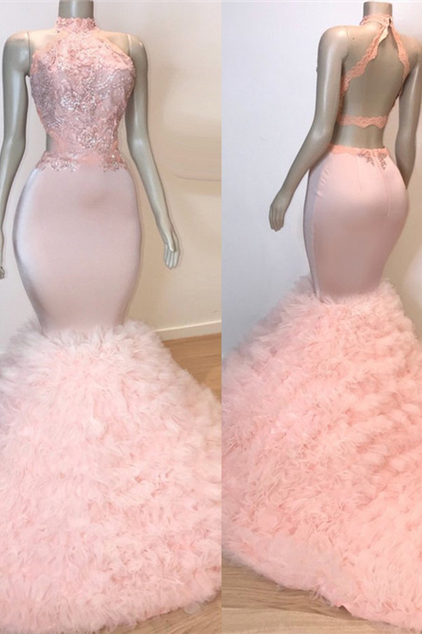 Open Back Ruffled Tulle Mermaid Prom Dress Beads Lace Appliques Pink Sexy Evening Gowns