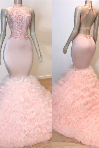 Open Back Ruffled Tulle Mermaid Prom Dress Beads Lace Appliques Pink Sexy Evening Gowns
