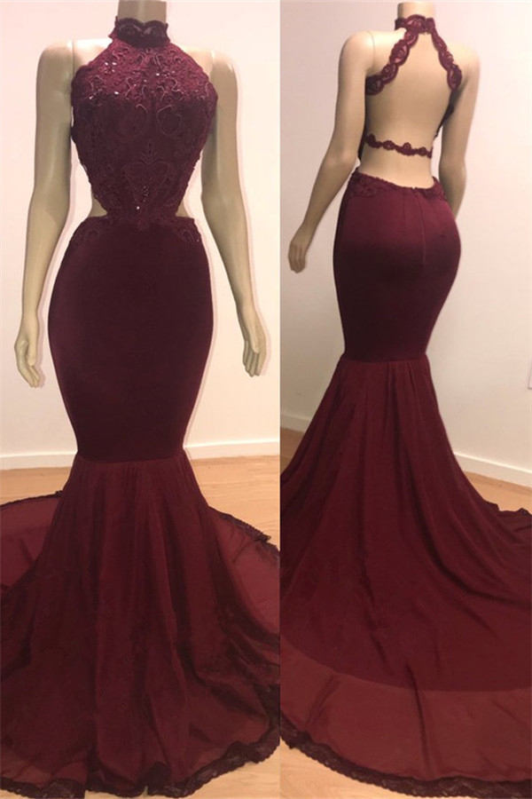 Open Back Sexy Burgundy Prom Dresses Mermaid High Neck Lace Evening Gowns
