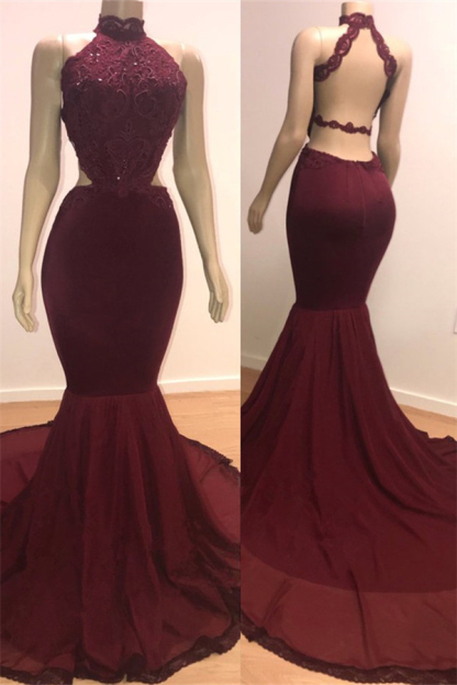 Open Back Sexy Burgundy Prom Dresses Mermaid High Neck Lace Evening Gowns