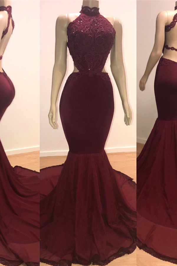 Open Back Sexy Burgundy Prom Dresses Mermaid High Neck Lace Evening Gowns