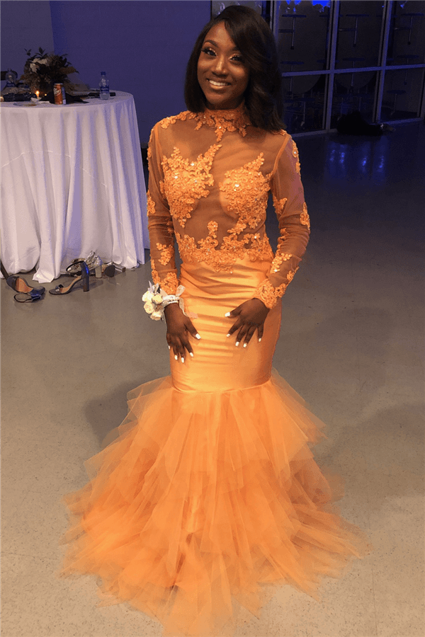 Orange Lace Applique Long Sleeve Mermaid Prom Dress Tulle Sheer Evening Dress