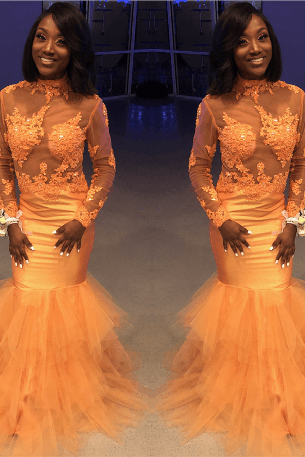 Orange Lace Applique Long Sleeve Mermaid Prom Dress Tulle Sheer Evening Dress