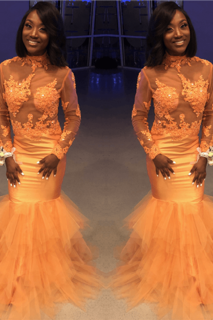 Orange Lace Applique Long Sleeve Mermaid Prom Dress Tulle Sheer Evening Dress