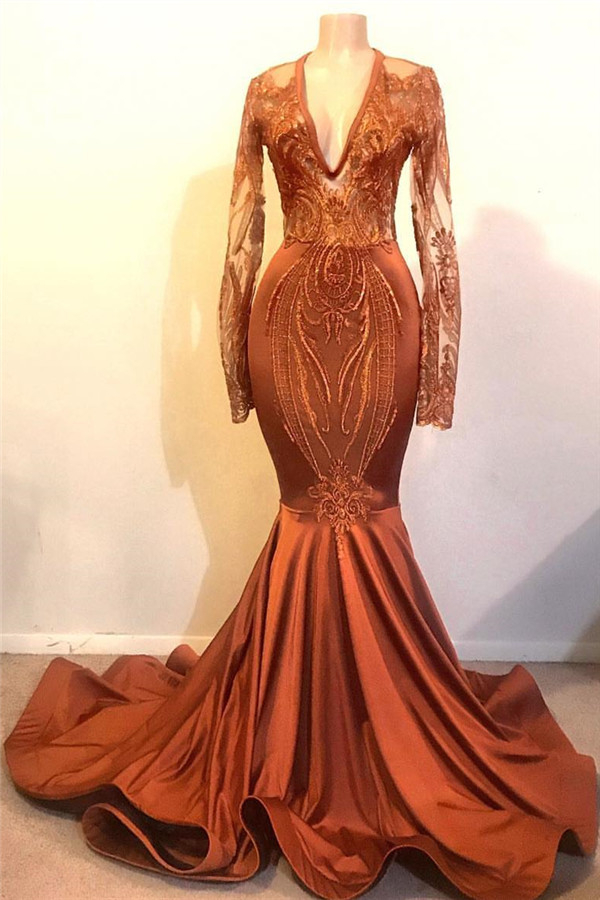 Orange Mermaid Prom Dress with Sleeves | V-Neck Lace Appliqués Evening Dress