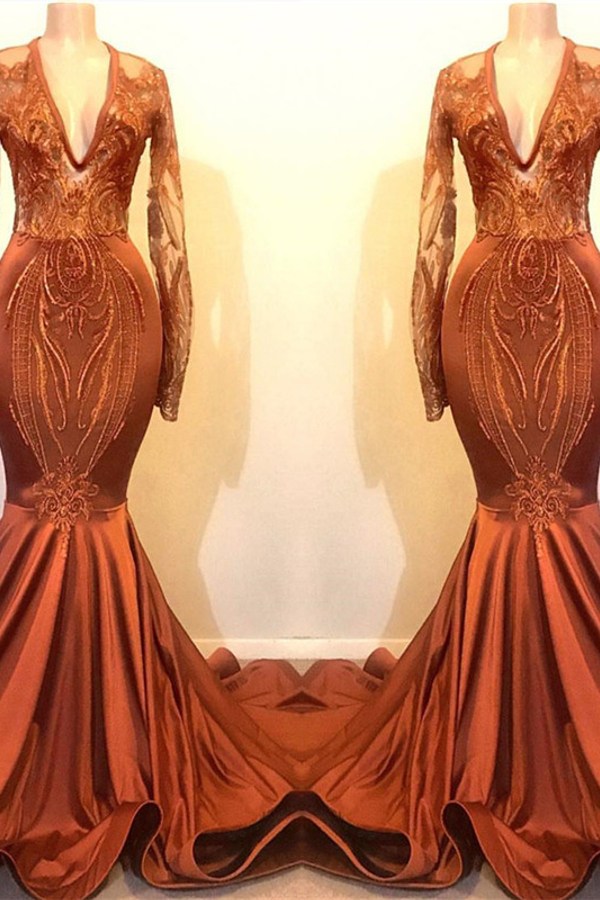 Orange Mermaid Prom Dress with Sleeves | V-Neck Lace Appliqués Evening Dress