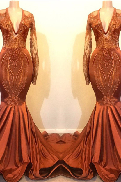 Orange Mermaid Prom Dress with Sleeves | V-Neck Lace Appliqués Evening Dress