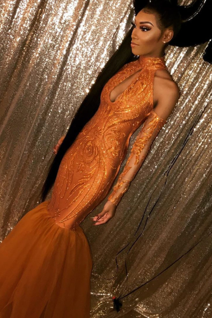 Orange Mermaid Prom Dress with Sleeves | Halter Keyhole Sparkly Applique Evening Gown
