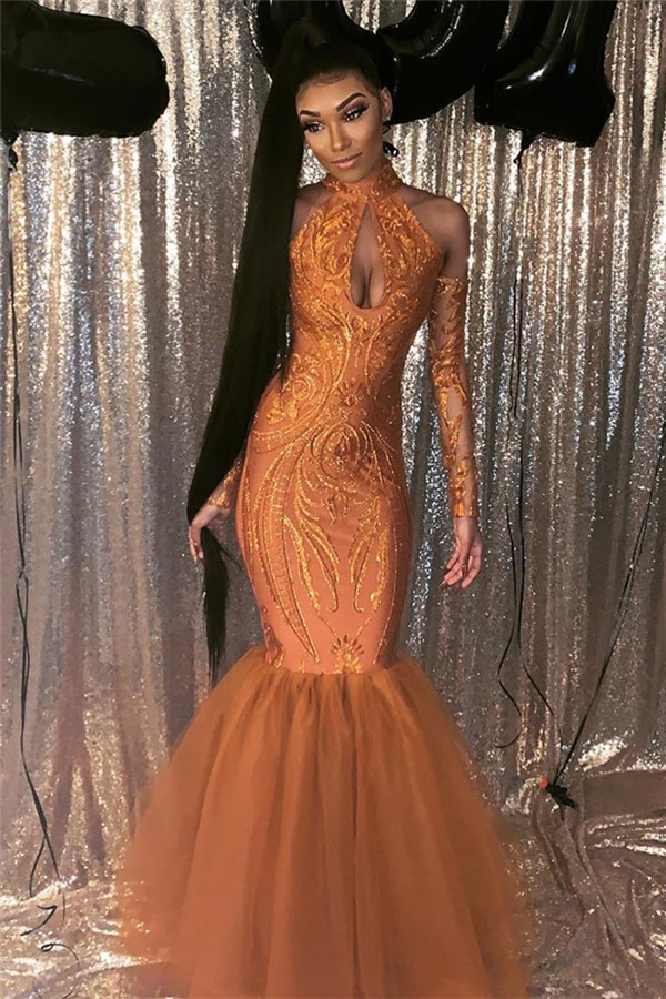 Orange Mermaid Prom Dress with Sleeves | Halter Keyhole Sparkly Applique Evening Gown